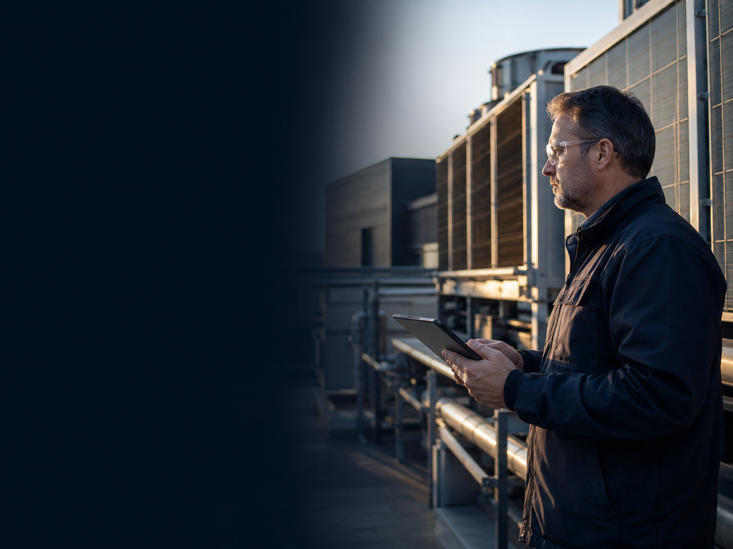 Facility manager reviewing rooftop HVAC equipment on a tablet